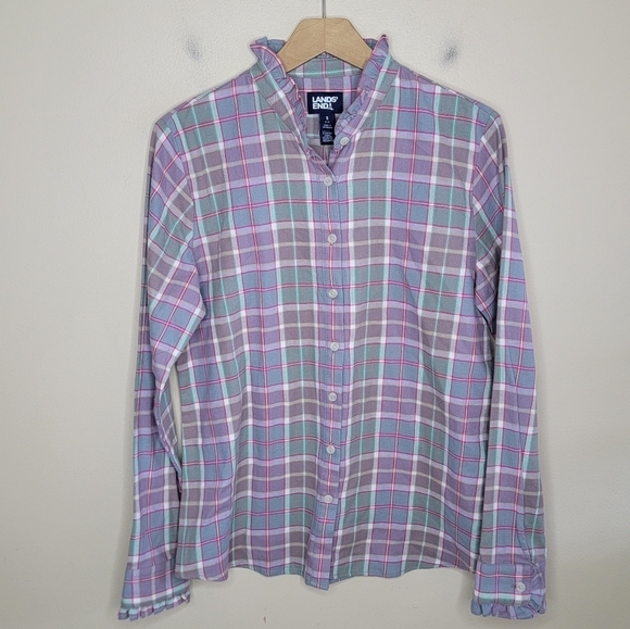 Lands' End | Pastel Purple Pink Green Plaid Flannel Shirt with Ruffle Details - Picture 6 of 6